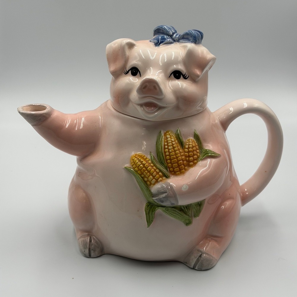 Vtg Otagiri Mary Ann Baker Pink Pig Ceramic Teapot with Corn and Blue Bow